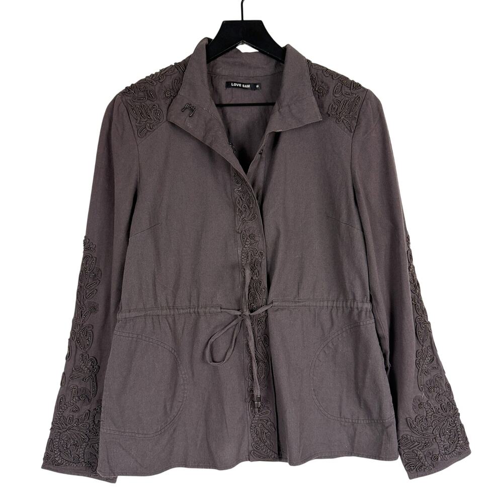 Anthropologie Love Sam Travis Cargo Jacket Cotton Beaded Brown - S